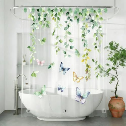 12Pcs Eucalyptus Leaves Shower Curtain Hooks Decorative for Curtain Rods, Green Leaf Shower Curtain Rings, Silver Stainless Steel Metal Shower Curtain Hanger Hooks, Cute Botanical Bathroom Decor