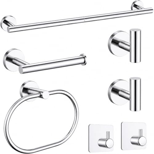 Polished Chrome Bathroom Accessories Set, 7 Pieces Towel Bar Bathroom Hardware Set, 24 Inch Towel Racks for Bathroom, SUS304 Stainless Steel Bathroom Towel Holder Toilet Paper Holder Wall Mounted