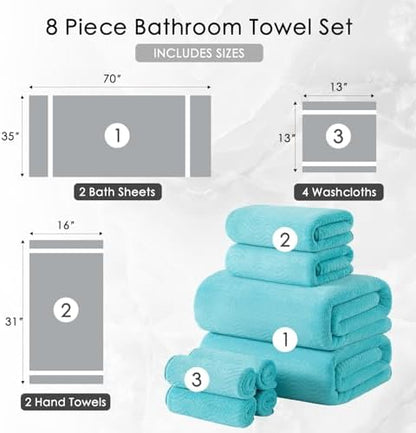 8 Piece Bath Towel Set |2 Oversized Large Bath Sheet,2 Hand Towels,4 Washcloths| Ultra Soft Cozy Bath Towel Set for Bathroom Hotel Gym Spa,Highly Absorbent & Quick Dry Bathroom Towel Collections,Teal