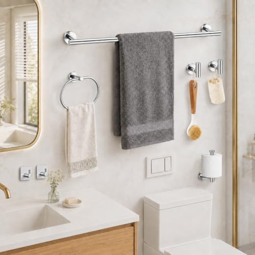 Polished Chrome Bathroom Accessories Set, 7 Pieces Towel Bar Bathroom Hardware Set, 24 Inch Towel Racks for Bathroom, SUS304 Stainless Steel Bathroom Towel Holder Toilet Paper Holder Wall Mounted