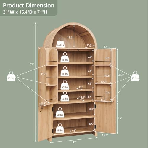 IFGET 71" Tall Arched Kitchen Pantry, Modern Fluted Storage Cabinet,Natural