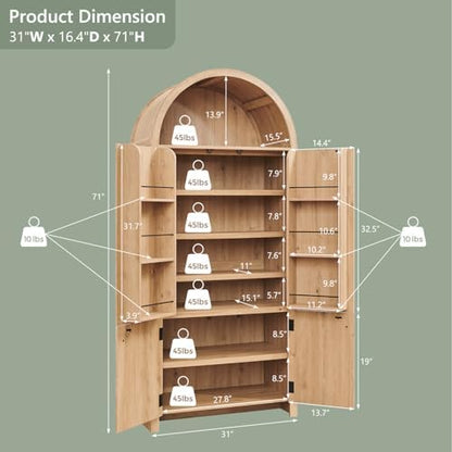 IFGET 71" Tall Arched Kitchen Pantry, Modern Fluted Storage Cabinet,Natural