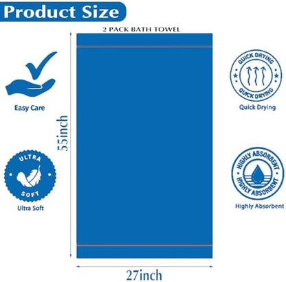 Microfiber Bath Towels Set of 2, 27 x 55 Inches Large Quick Dry Bath Towels, Super Absorbent Soft Striped Shower Towels, Lint Free Lightweight Towels for Bathroom, Travel, Spa, Beach