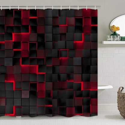 LQCOOL 4Pcs Shower Curtain Set with Rugs, Modern Bathroom Set Black Red