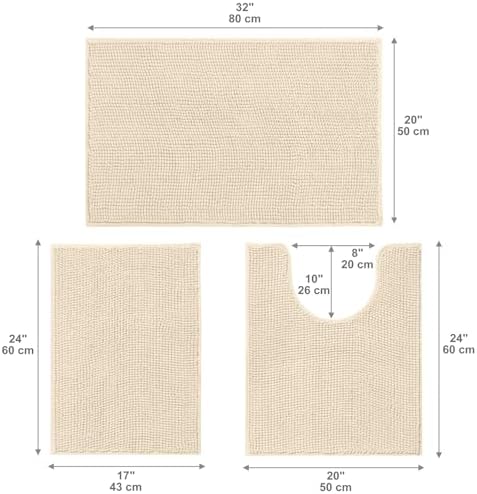 Urvoix Bathroom Rugs Sets 3 Piece, Non-Slip Chenille Bath Mat Set