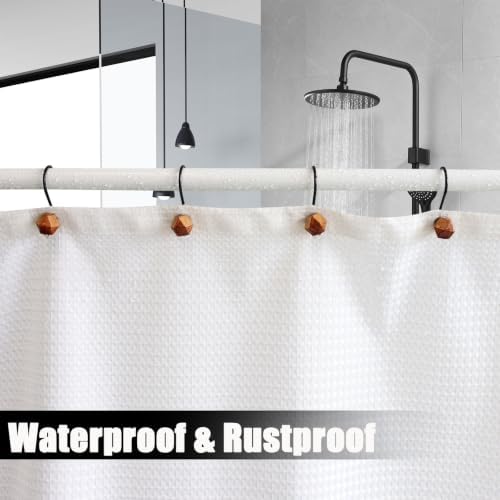 Decorative Shower Curtain Hooks, Wood Shower Curtain Rings, Modern Polygon Wood Shower Curtain Hangers, 12PCS Shower Hooks for Shower Curtain Rod, Bathroom, Bedroom, Living Room (Black)