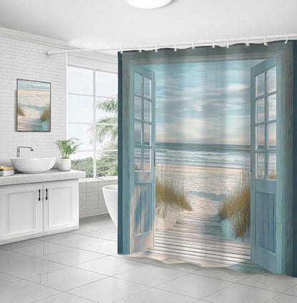 Blue Beach Barn Door Shower Curtain, Rustic Country Ocean Coastal Seaside Scenery Decor Bath Curtains, Retro Teal Wood Waterproof Bathroom Accessories Set, 72 x 78 inch with Hooks