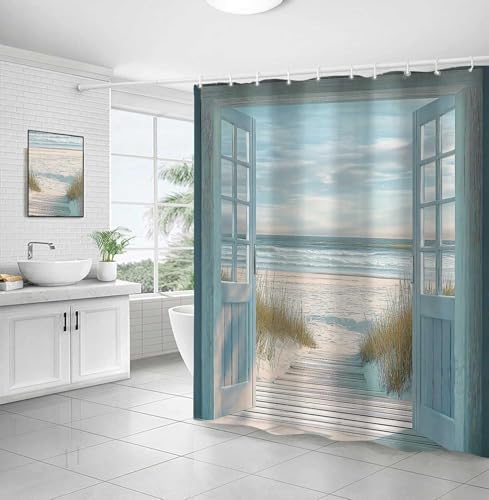 Blue Beach Barn Door Shower Curtain, Rustic Country Ocean Coastal Seaside Scenery Decor Bath Curtains, Retro Teal Wood Waterproof Bathroom Accessories Set, 36 x 72 inch with Hooks