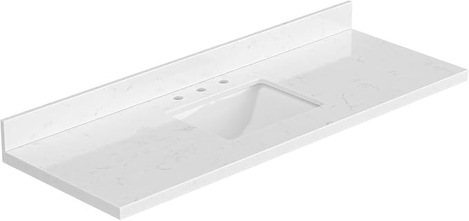 ARIEL 60 inch Bathroom Vanity top with Sink, 1.5 Inch Thick Miter Edge Carrara White Quartz top, Rectangle Single Porcelain Sink, Includes Backsplash