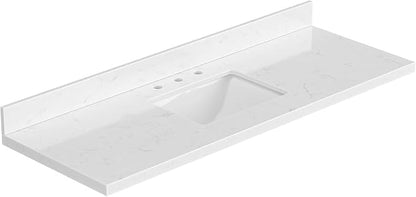 ARIEL 60 inch Bathroom Vanity top with Sink, 1.5 Inch Thick Miter Edge Carrara White Quartz top, Rectangle Single Porcelain Sink, Includes Backsplash