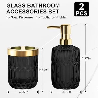 RRM Glass Bathroom Toothbrush Holder and Soap Dispenser Set,Black Gold