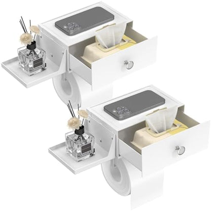 Lifewit Toilet Paper Holder Wall Mount with Shelf & Drawer, White, 2 Pack