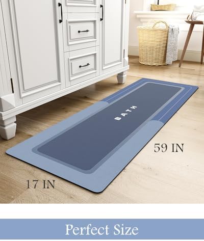 MontVoo-Bath Mat Rug Long Non Slip Super Absorbent Bathroom Runner Stain Resistant Quick Dry Thin Bathroom Mat Fit Under Door-17"x59",Navy