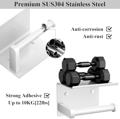 Tindbea Toilet Paper Holder with Phone Shelf, Adhesive or Screw Wall Mount Toilet Tissue Roll Holder, Rustproof & Multifunctional Stainless Steel Bathroom Storage Dispenser (White)