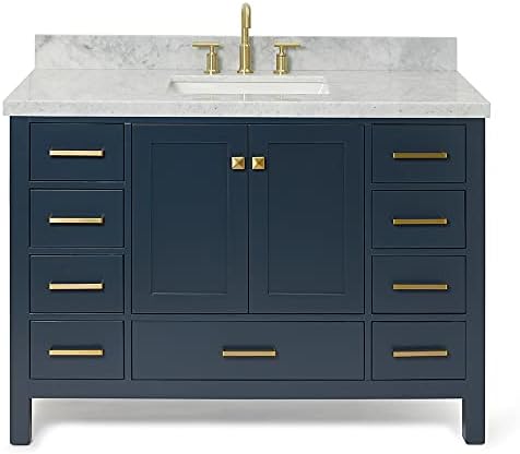ARIEL Cambridge 48-inch Bathroom Vanity with Sink,Solid Wood, 1.5-inch Italian Carrara Marble Countertop, Single Rectangular Porcelain Sink, 2 Soft Closing Doors, 9 Dovetail Drawers, Midnight Blue