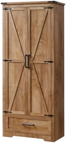 JXQTLINGMU Farmhouse Kitchen Pantry Cabinet - 72" Tall Wood Kitchen Storage Cabinets with Adjustable Shelves & 2 Barn Doors & Drawer, Versatile Storage for Dining Room, Bathroom, Light Walnut