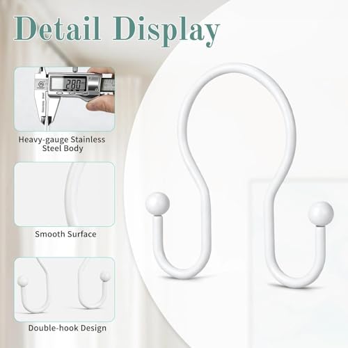 Goowin Shower Curtain Hooks, 12 Pcs Shower Curtain Rings, Stainless Steel Shower Curtain Hangers, Metal Shower Curtain Hooks Rings Rust Proof, Minimalist Shower Hooks for Shower Curtain, White