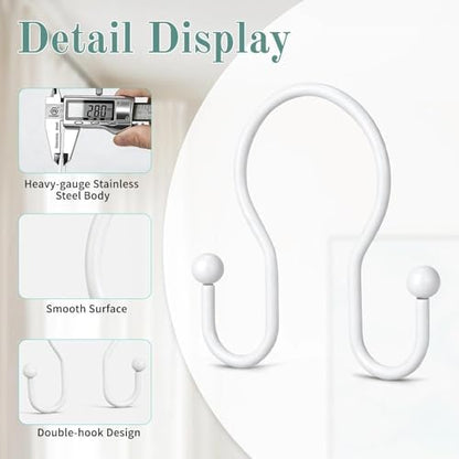 Goowin Shower Curtain Hooks, 12 Pcs Shower Curtain Rings, Stainless Steel Shower Curtain Hangers, Metal Shower Curtain Hooks Rings Rust Proof, Minimalist Shower Hooks for Shower Curtain, White