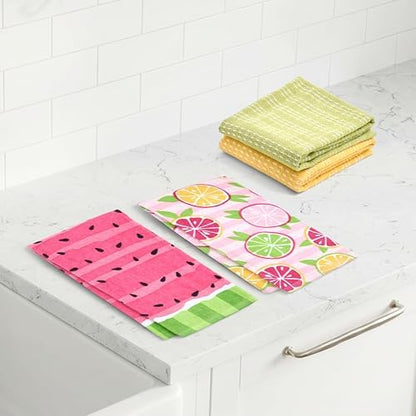 Ritz 4-Piece Kitchen Towel Set, Citrus Fruit & Watermelon Stripe Prints with Yellow & Lime Green Textured Terry, 100% Cotton & Absorbent Blend, 16" x 26", Bright Summer Fruit Kitchen Decor