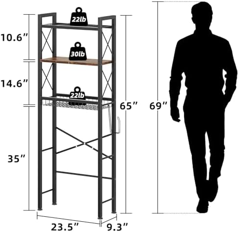 Kalrin Over The Toilet Storage with X Shape Side Guardrail, 3-Tier Over Toilet Storage Rack with Drain Basket, Freestanding Bathroom Organizer for Balcony Laundry, Vintage Brown