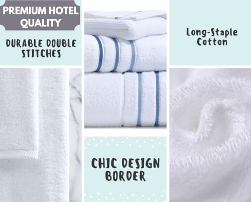 Bath Towels Set for Bathroom – Luxury 6-Piece Cotton Towels, Soft Absorbent & Quick Dry, 600 GSM Bath Towels for Bathroom, Hotel Spa Quality (White/Blue Azure, 6- Bath Towel Set)