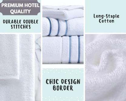 Bath Towels Set for Bathroom – Luxury 6-Piece Cotton Towels, Soft Absorbent & Quick Dry, 600 GSM Bath Towels for Bathroom, Hotel Spa Quality (White/Blue Azure, 6- Bath Towel Set)