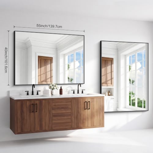 BONEWEI Bathroom Mirror,55x40 inch Large Wall Mirror for Bathroom Wall Mounted Black Rectangle Corner Mirrors,Black Bathroom Mirror for Living Room,Farmhouse,Bedroom Entryway,Horizontal/Vertical