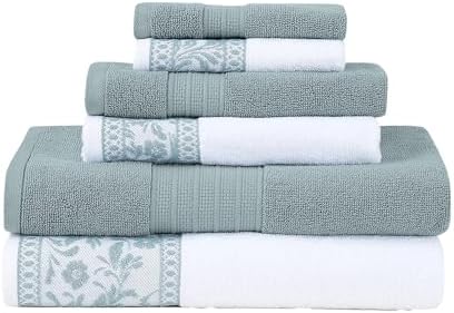 Modern Threads Allie 6-Piece 100% Cotton Towel Set – Jacquard Floral Border – Includes 2 Bath Towels, 2 Hand Towels, 2 Washcloths – Absorbent, Quick Dry, Soft & Durable – Seafoam