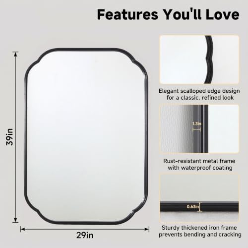 39"x29" Black Scalloped Mirror for Bathroom, Rust-Proof Metal Frame