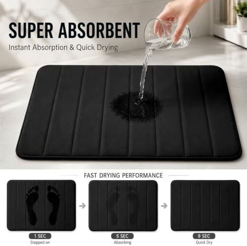 Memory Foam Bath Mat Set 3 Piece，Super Soft Absorbent Bathroom Rug Non Slip, Quick Dry,Machine Wash, Perfect Plush Bathroom Rugs,Home Decor Accessories,Black