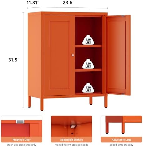 YAUWOH Metal Bathroom Storage Cabinet, Bathroom Floor Storage Cabinet with 2 Adjustable Shelves and 2 Doors,Freestanding Metal Sideboard for Small Spaces, Living Room, Dining Room,Orange