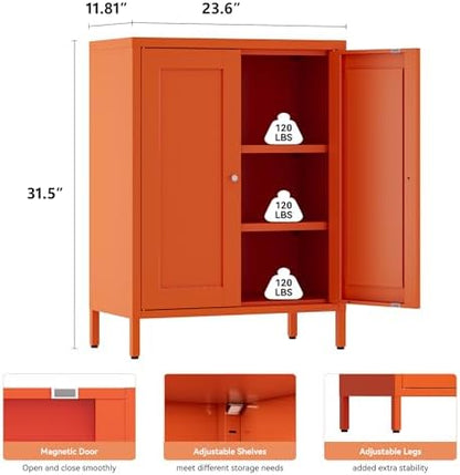 YAUWOH Metal Bathroom Storage Cabinet, Bathroom Floor Storage Cabinet with 2 Adjustable Shelves and 2 Doors,Freestanding Metal Sideboard for Small Spaces, Living Room, Dining Room,Orange