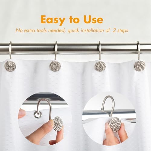 Pearlbee Nickel Shower Curtain Hooks,12pcs, Heavy Duty Rings for Shower Rod