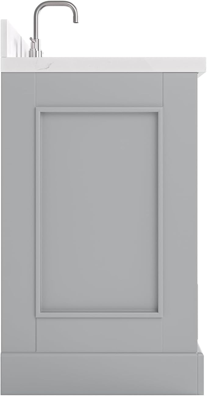 Langford 48-inch Grey Bathroom Vanity with Center Rectangle Single Sink, Carrara White Quartz Countertop & Backsplash, Solid Wood Frame, Soft-Closing & Dovetail Drawers