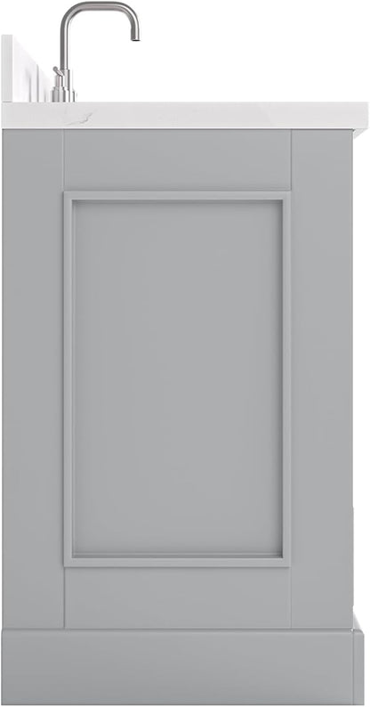 Langford 48-inch Grey Bathroom Vanity with Center Rectangle Single Sink, Carrara White Quartz Countertop & Backsplash, Solid Wood Frame, Soft-Closing & Dovetail Drawers