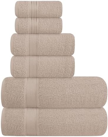 Belizzi Home Ultra Soft 6 Pack Cotton Towel Set, Contains 2 Bath Towels 28x55 inch, 2 Hand Towels 16x24 inch & 2 Wash Coths 12x12 inch, Ideal Everyday use, Compact & Lightweight - Tan