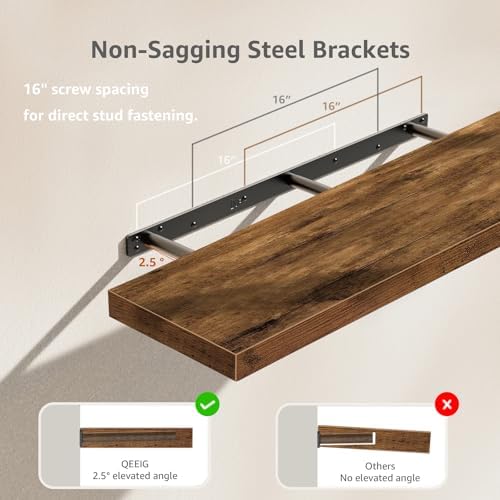 QEEIG Floating Shelves for Wall 39.4" Long - Wall Mounted Shelf Bathroom Kitchen Living Room Bedroom Farmhouse Home Decor Display Bookshelf Large 39.4 x 9.3 inch Set of 2, Rustic Brown (008-100BN)