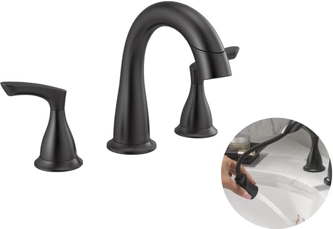 Delta Broadmoor Matte Black Bathroom Faucet with Sprayer, 8 Inch 3 Hole Widespread Bathroom Sink Faucet with Pull Out Sprayer, Push-Pop Drain, Matte Black 35765LF-BLPD