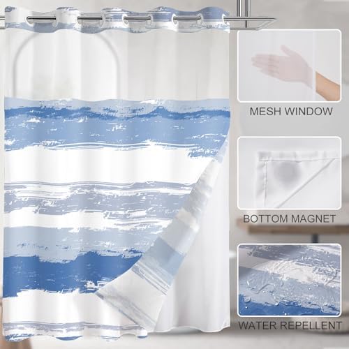 No Hook Shower Curtain with Liner, Navy Blue Stripe, 71x84 Inch