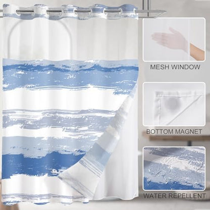 No Hook Shower Curtain with Liner, Navy Blue Stripe, 71x84 Inch