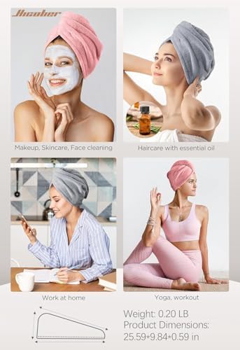 Hicober Microfiber Hair Towel Wrap for Women,Quick Dry, Pink Grey, 2-Pack