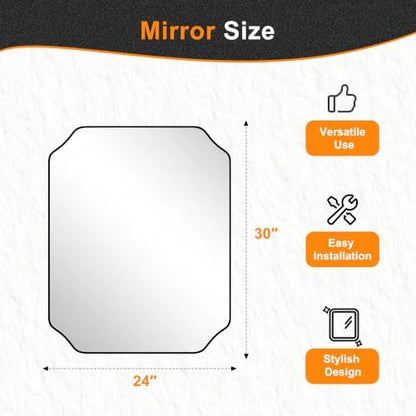 Delma Bathroom Vanity Mirror, Black Framed Aluminum Bathroom Mirror for Over Sink, Scalloped Round Corner Wall Mirror, High-Definition Vanity Mirror, Hangs Horizontally or Vertically (30x24,Black)