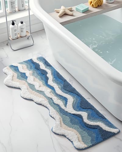 DEXI Cute Bath Mat, Sea Ocean Wave Bathroom Rugs, 43x26 Blue