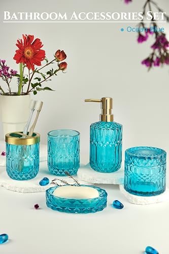 LaMarriti Teal Bathroom Accessorries Set, 5Pcs Glass Bathroom Set