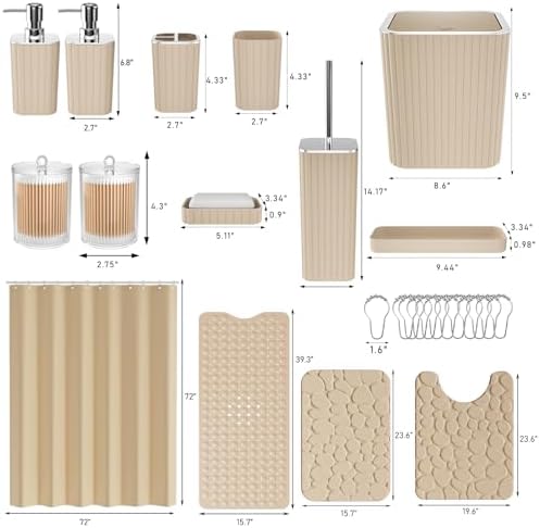 XLHOMO 26PC Bathroom Accessories Set - Gorgeous Bathroom Set, Beige Bathroom Accessory Set, Shower Curtain Set with Bathtub Mats for Shower Tub, Trash Can & Soap Dispenser