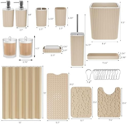 XLHOMO 26PC Bathroom Accessories Set - Gorgeous Bathroom Set, Beige Bathroom Accessory Set, Shower Curtain Set with Bathtub Mats for Shower Tub, Trash Can & Soap Dispenser