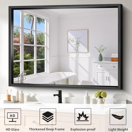 Black Rectangle Mirror, 48 x 36 Inch Large Bathroom Mirrors for Over Sink, 0.6" Thickened Deep Frame Rectangular Wall Mirror, Brushed, Tempered Glass, Antirust, Horizontally/Vertically