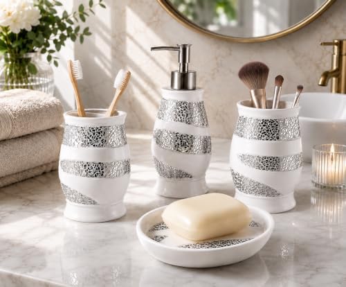 Zahari Home 4pc Sinatra Stylish Bathroom Accessories Set White Soap Dispenser, Tumbler, Tooth Brush Holder and Soap Dish Modern Classic Luxury Decor Bling Mosaic Glass White Bathroom Accessories