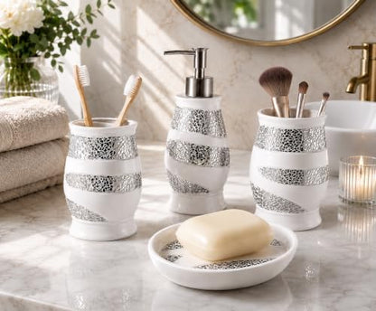 Zahari Home 4pc Sinatra Stylish Bathroom Accessories Set White Soap Dispenser, Tumbler, Tooth Brush Holder and Soap Dish Modern Classic Luxury Decor Bling Mosaic Glass White Bathroom Accessories