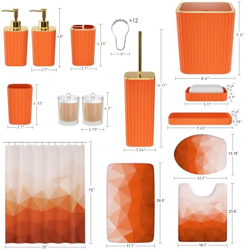 XLHOMO Bathroom Accessory Set - 26PC Bathroom Shower Curtain and Rug Set, Bathroom Accessories Set, Orange Bathroom Set with Trash Can, Toilet Brush, Qtip Holder & Soap Dispenser